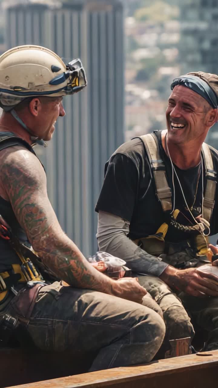 Two Construction Workers Enjoying a Break on a High Rise, Sharing Laughter and Conversation Above the Cityscape with a Vivid Urban Background
