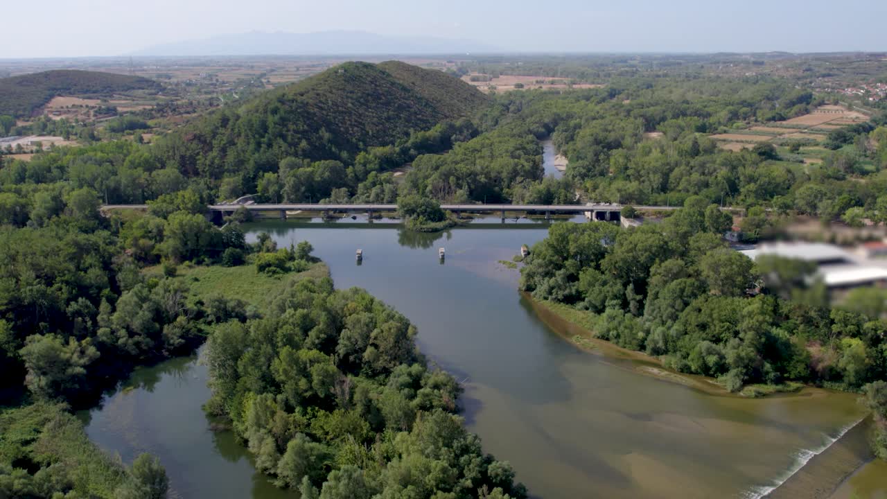 Toxotes Xanthi Greece, Nestos River Bridge, Aerial Panorama View, Pullback Shot