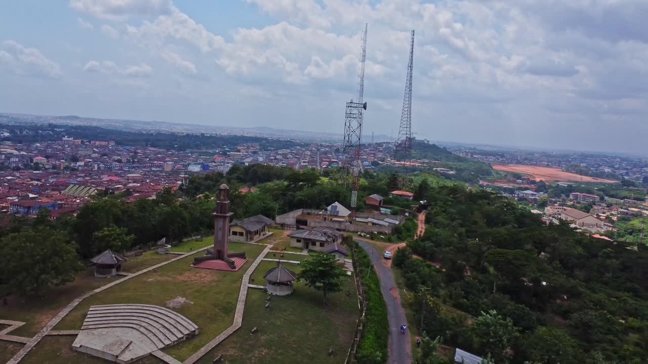 Beautiful aerial of Bowers Tower with the skyline of the city of Ibadan, Nigeria in the background