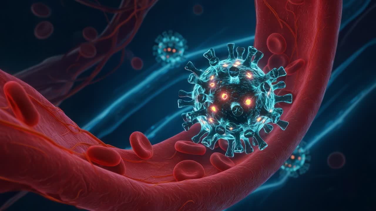 Detailed Visualization of a Virus Interacting with Blood Cells in a Microscopic Environment, Showcasing Cellular Structures and Pathogenic Dynamics