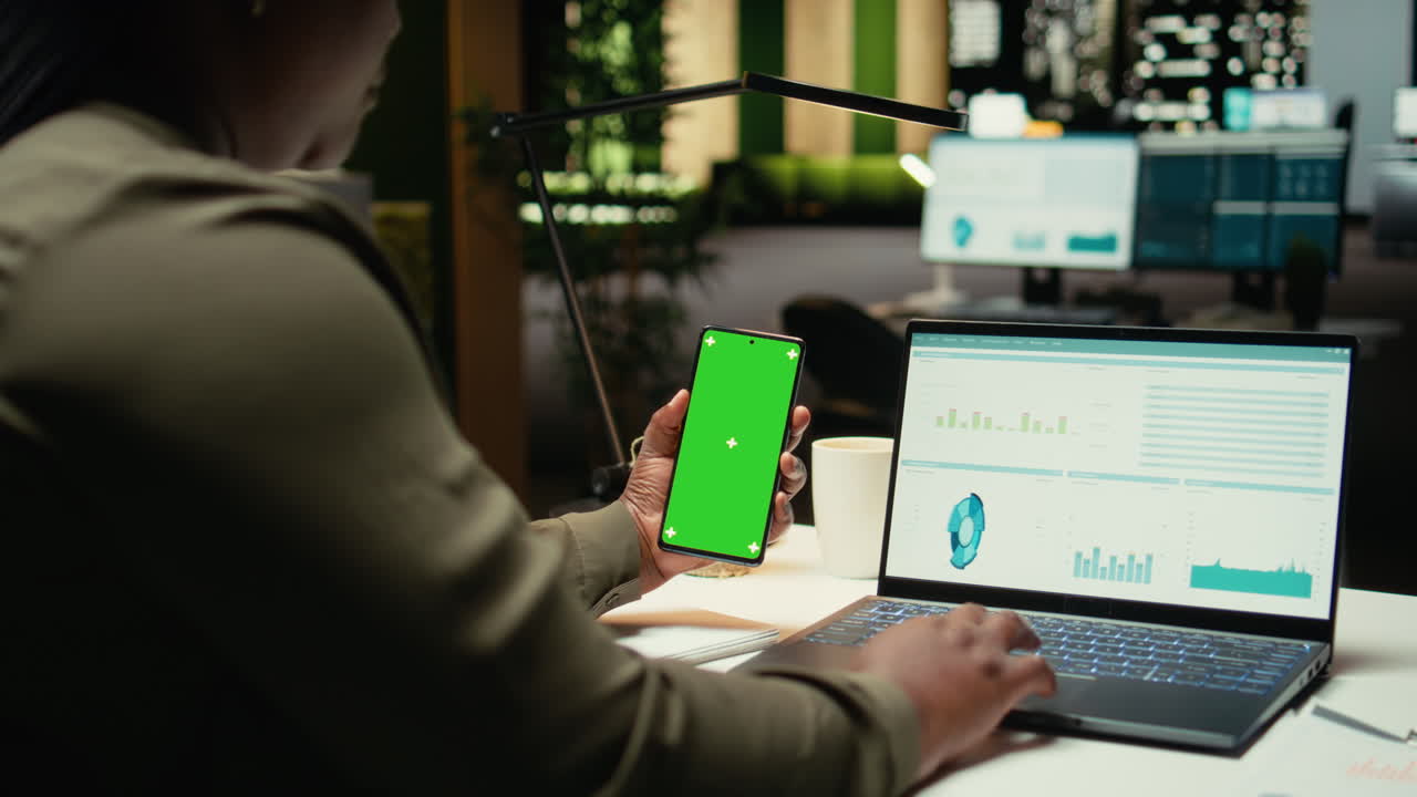 Vertical isolated mockup screen on phone where black employee finishing tasks