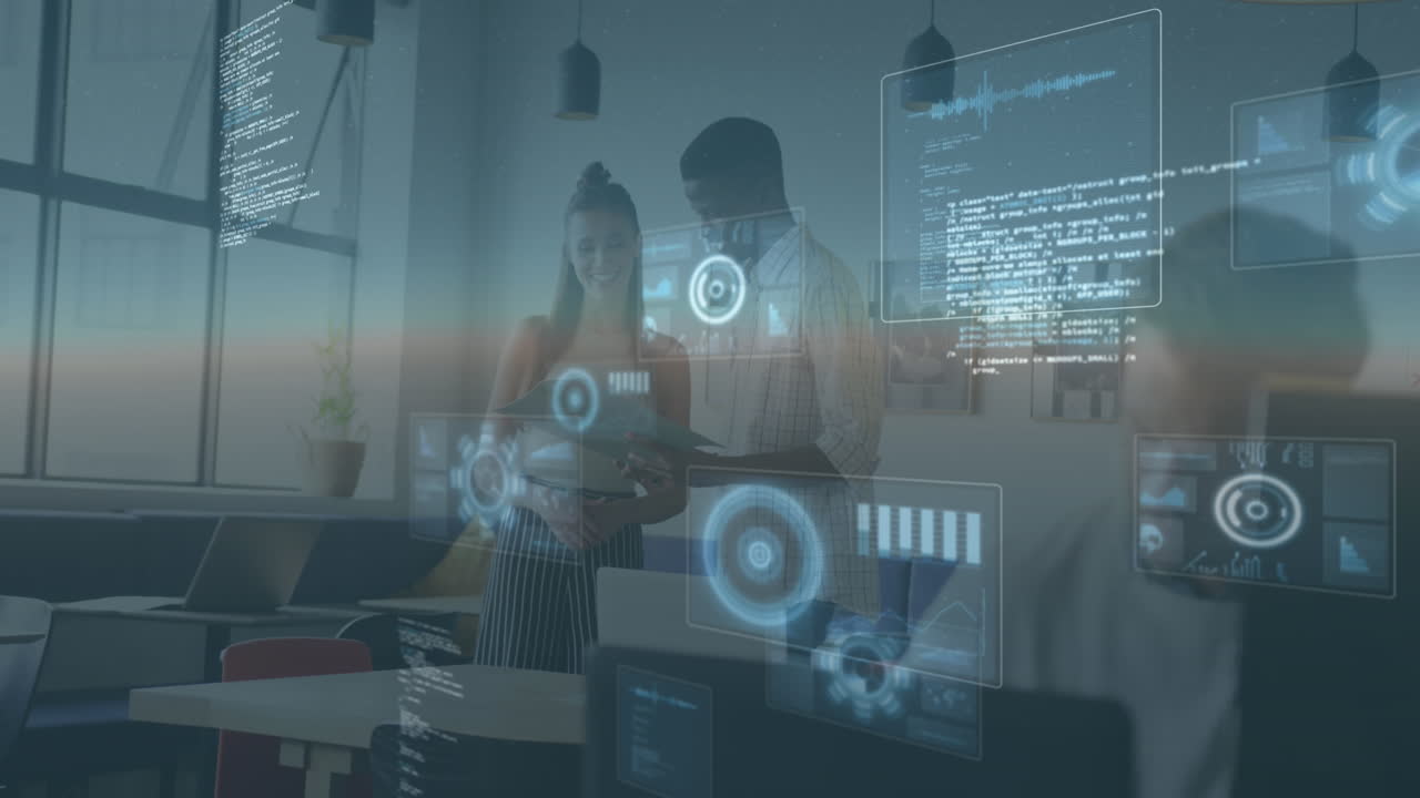 Animation of data processing over diverse business people having meeting at office