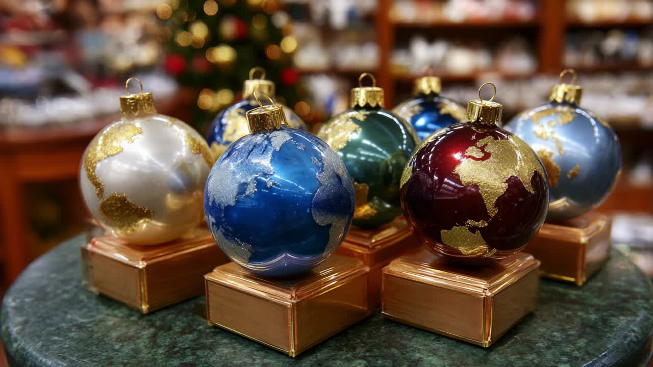 A Beautiful Display of Artistic Ornaments Featuring Earthly Designs, Highlighting the Beauty of Our Planet with Stunning Colors, Textures, and Intricate Details in a Festive Holiday Setting