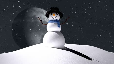 snow falling over snowman on winter landscape against moon in the night sky