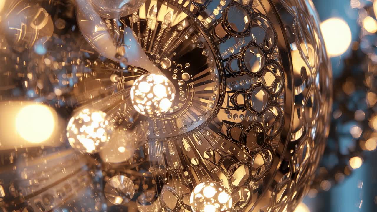 Opening camera drifting forward right in hall, showing chandelier's glowing bulbs, crystal droplets