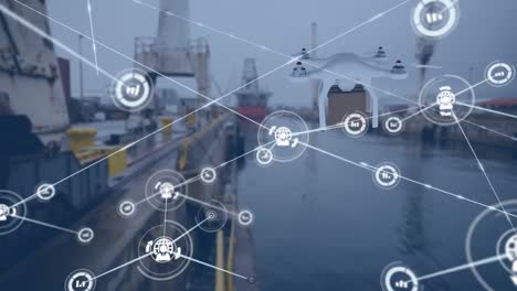 Animation-of-network-of-connections-with-icons-over-drone-and-shipping-yard