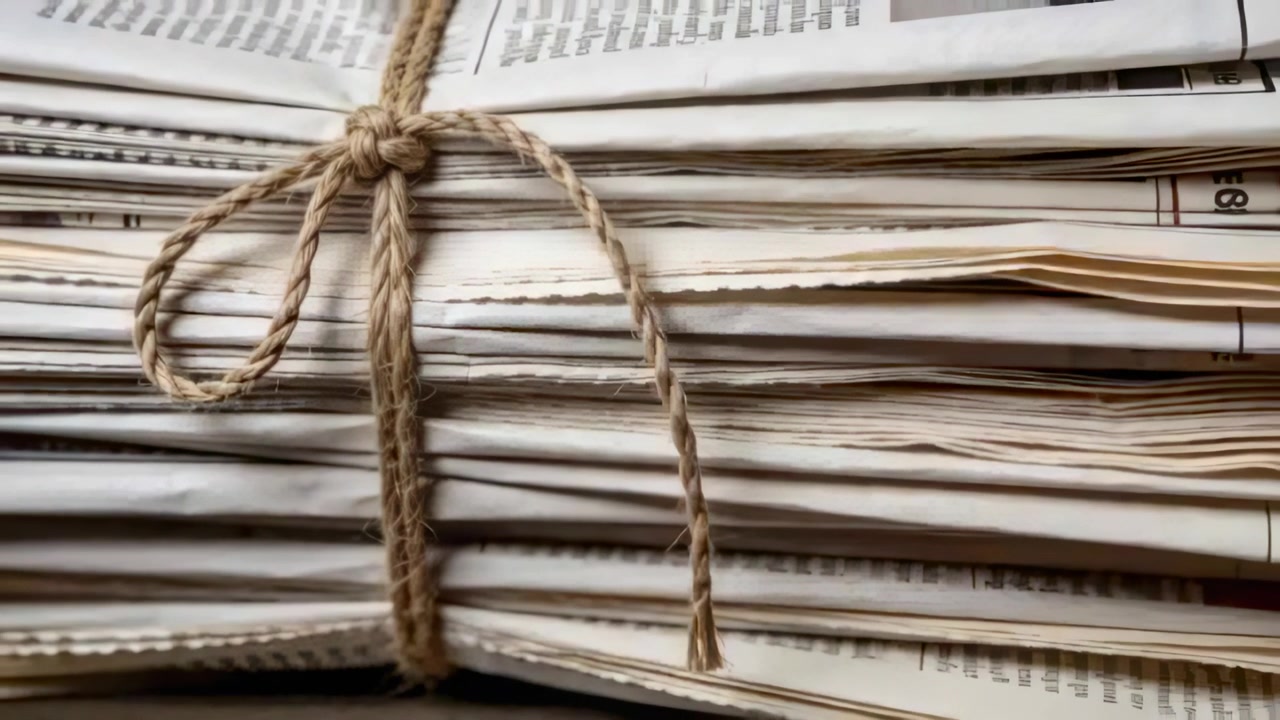 Moving camera revealing bundled stack of newspapers on wood table, showing twine and printed text