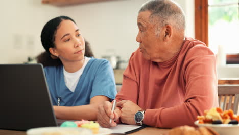 Woman,-nurse-and-laptop-with-senior-for-life