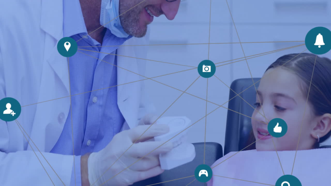 Doctor examining child patient, medical icons and network animation over scene