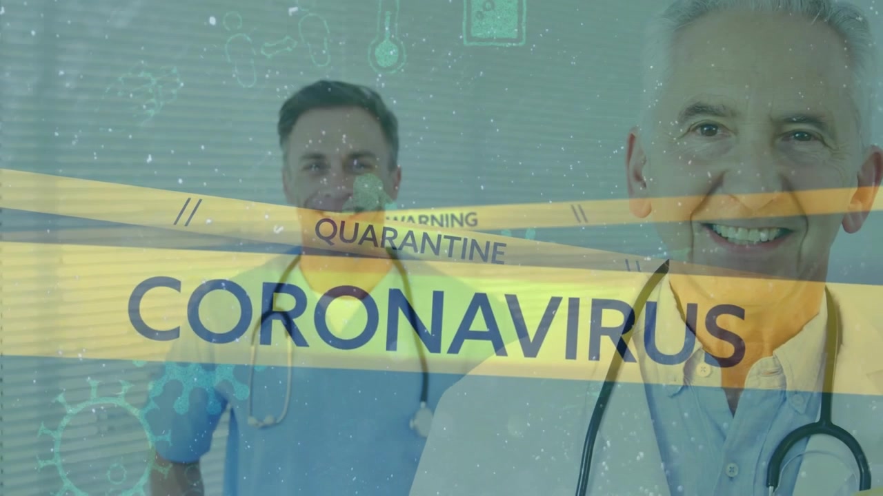 Médicos Sorrindo com Sobreposições de Alerta de Coronavírus e Quarentena