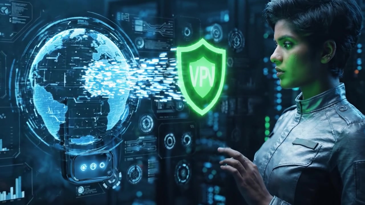 Advanced Cybersecurity Interface: A Focused Professional Interacts with a Digital World Map and Security Features in a High-Tech Environment