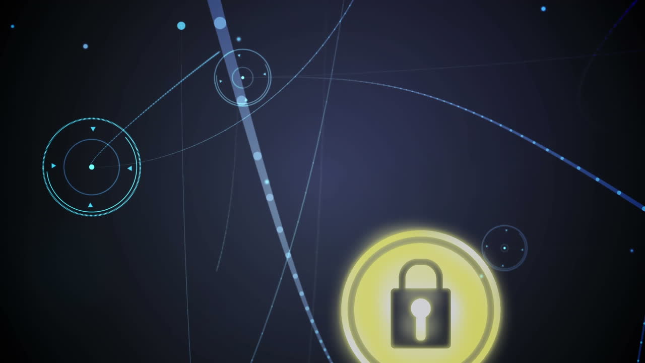 Animation of network of connections with online security padlock over clouds and sky