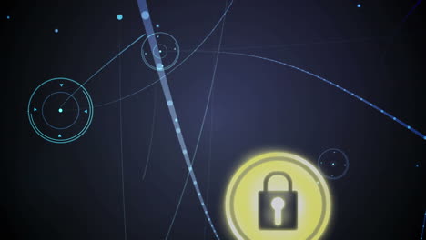 animación de la red de conexiones con candado de seguridad en línea sobre nubes y cielo