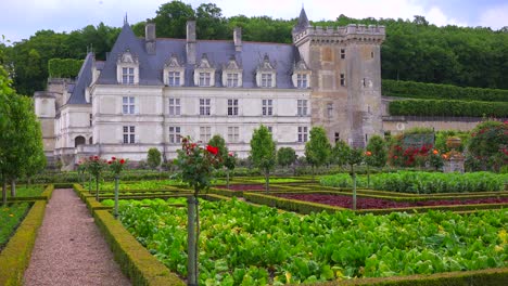 establishing shot of the remarkable chateaux and maze gardens of villandry in the loire valley in france