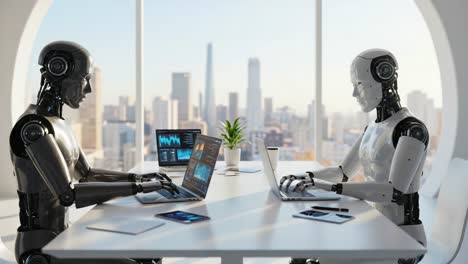 two advanced robots collaborating in a modern office environment, analyzing data and engaging in high-tech interactions against a futuristic city skyline