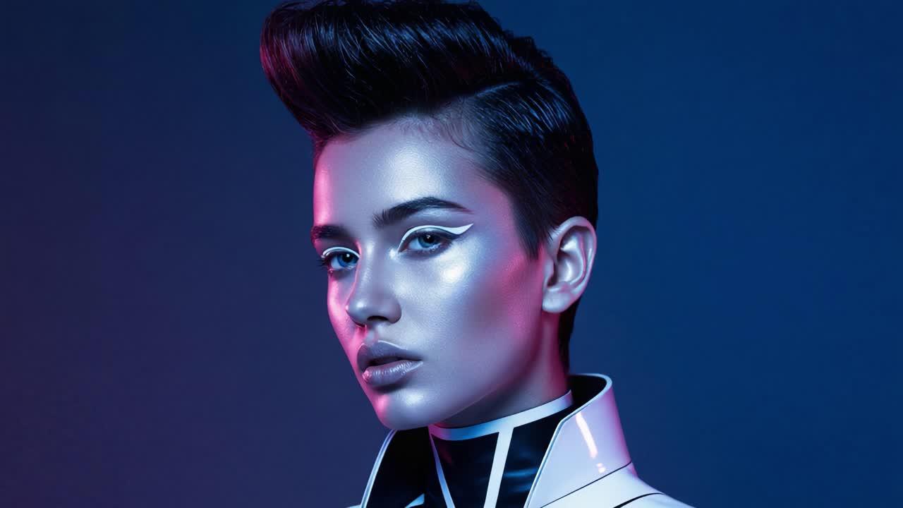 Captivating Glamour: A Stunning Portrait Showcasing Bold Makeup and Unique Hairstyle in Striking Lighting Against a Vibrant Blue Background