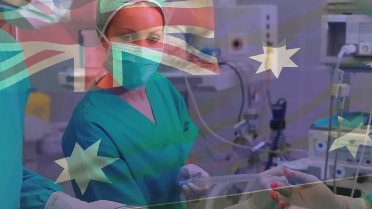 Animation of flag of australia over caucasian surgeons during surgery