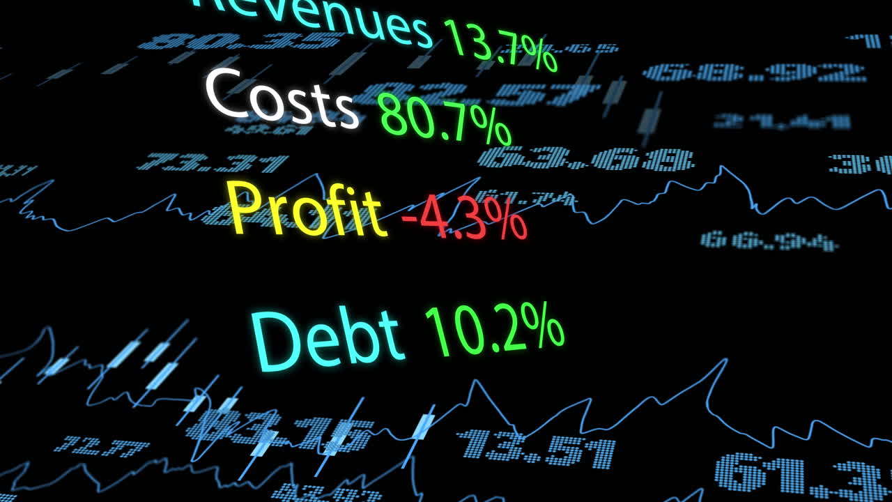 Animazione di elaborazione dati finanziari con numeri su sfondo nero