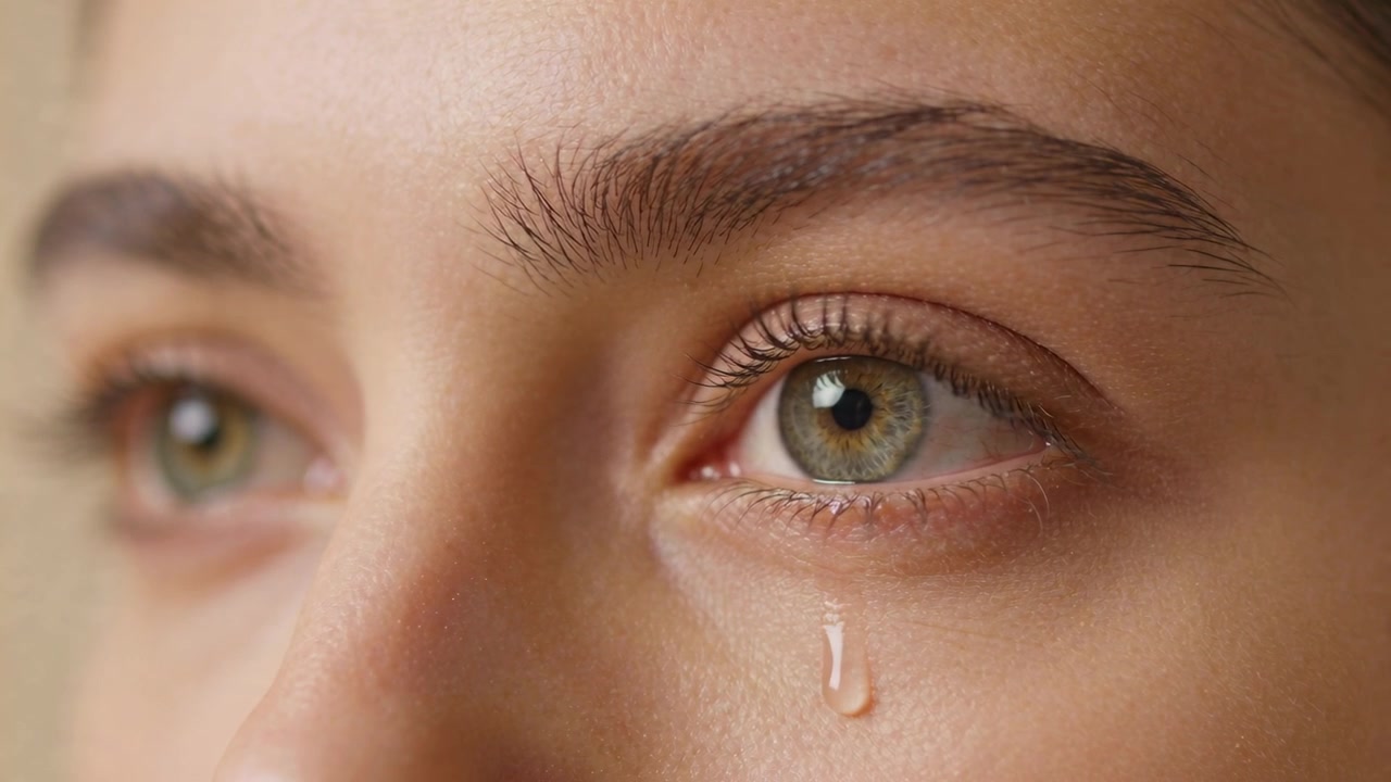 Showing right eye forming teardrop from bead growing at inner lid, sliding down cheek with streak