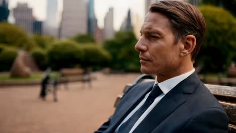businessman in suit sitting on park bench in city