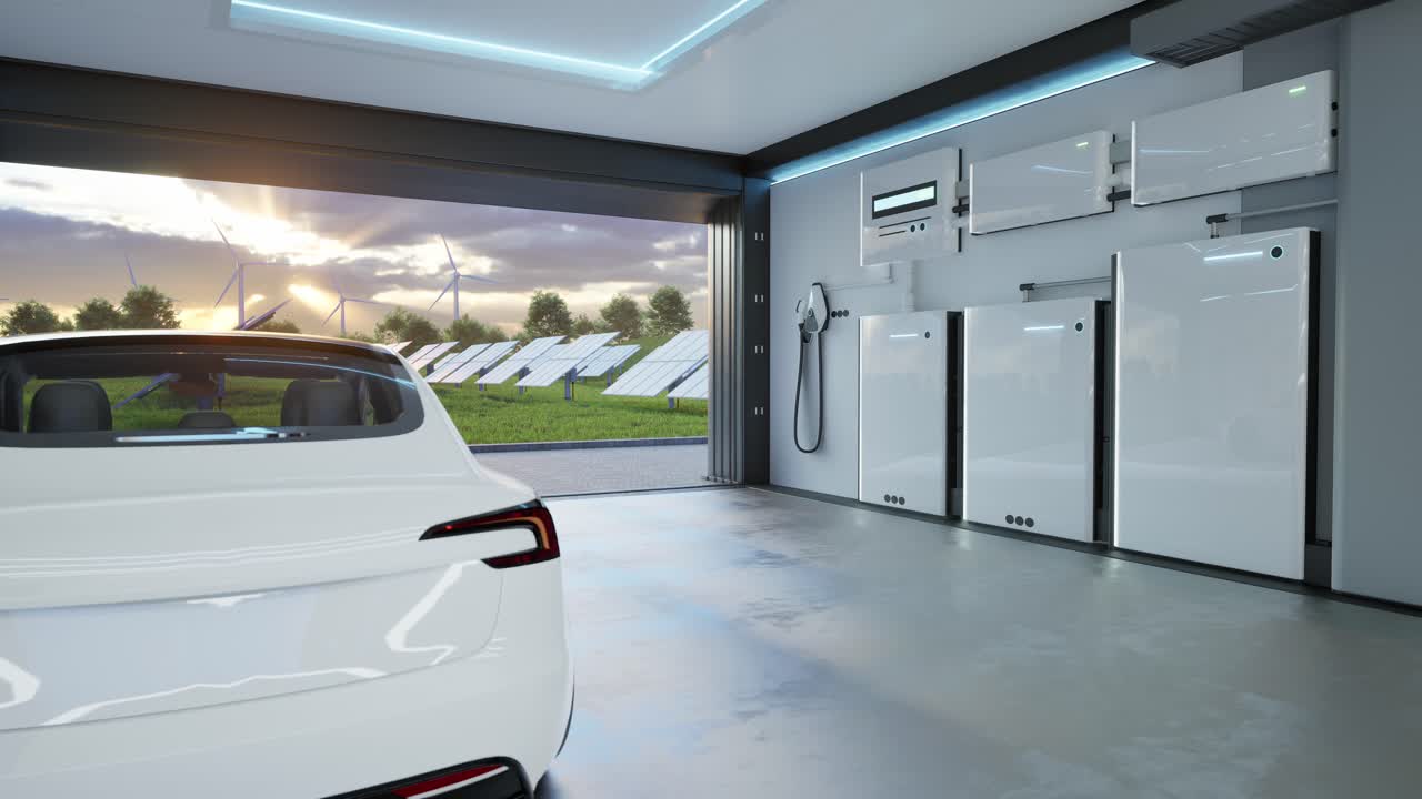 Electric Car With Home Energy Storage System Based On A Lithium Ion Battery Pack Situated In A Modern Garage With View On A Vast Landscape With Solar Power Plant And Wind Turbine Farm