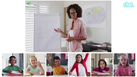 Animation-of-video-call-screens-of-chalkboard-and-diverse-teacher-and-children-having-online-lesson