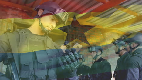 animación de la bandera de ghana sobre soldados varones caucásicos