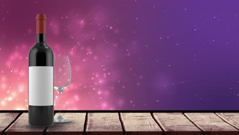 animación de una botella de vino tinto sobre luces sobre fondo violeta con superficie de madera