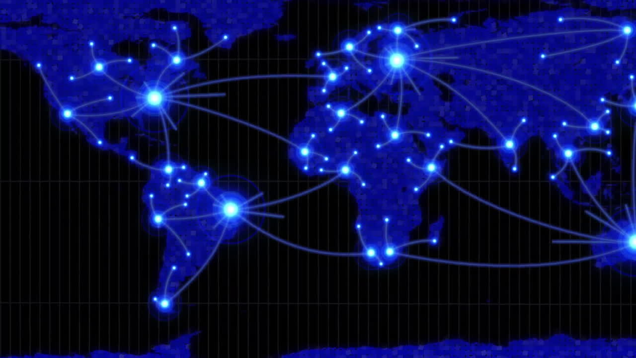 Animation of neon network of connections on world map