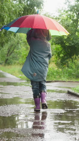 delighted child unfurls umbrella in park. boy in coat proudly holds vibrant parasol while strolling through spring garden in cold rainy weather