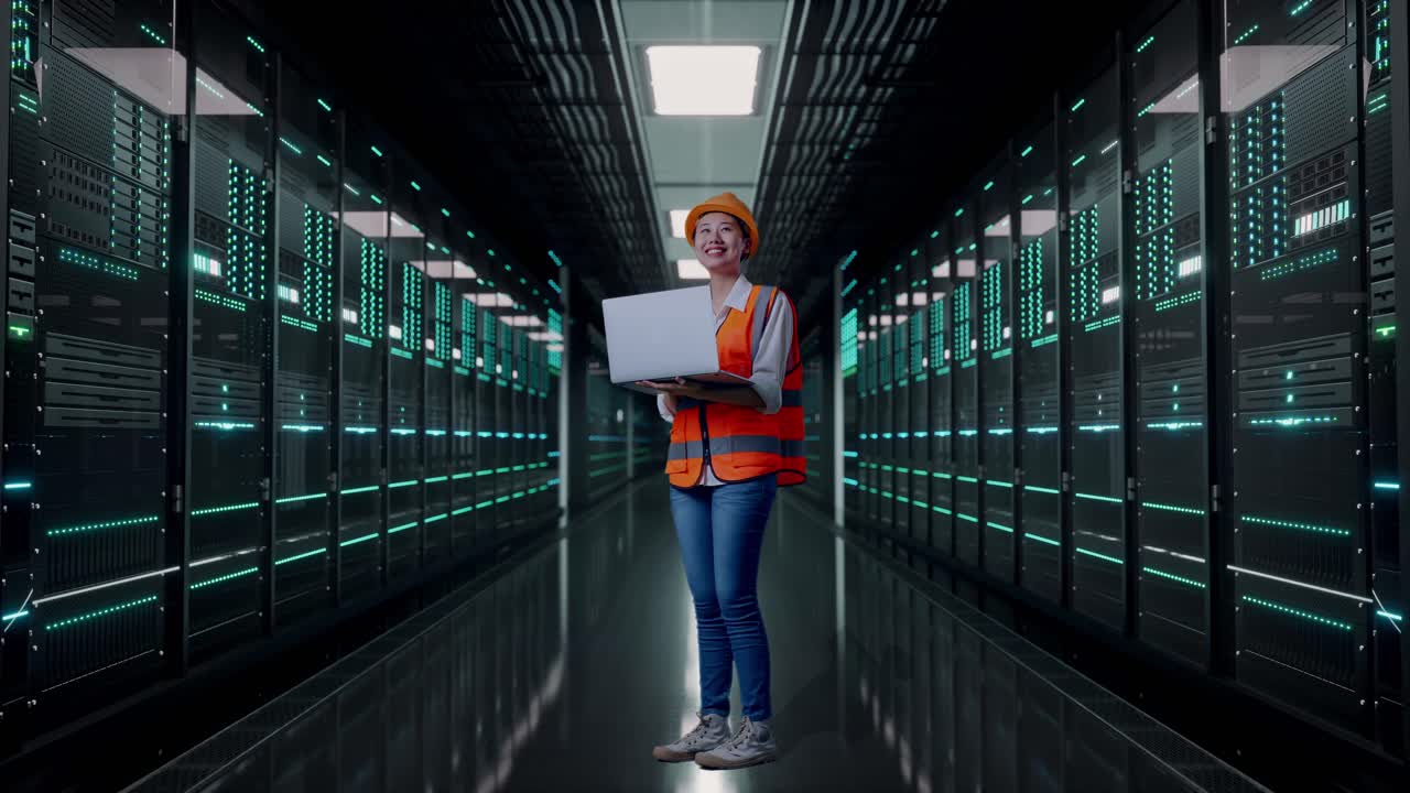 Full Body Side View Of Asian Female Engineer With Safety Helmet Working On A Laptop And Looking Around While Standing in Server Room Data Center
