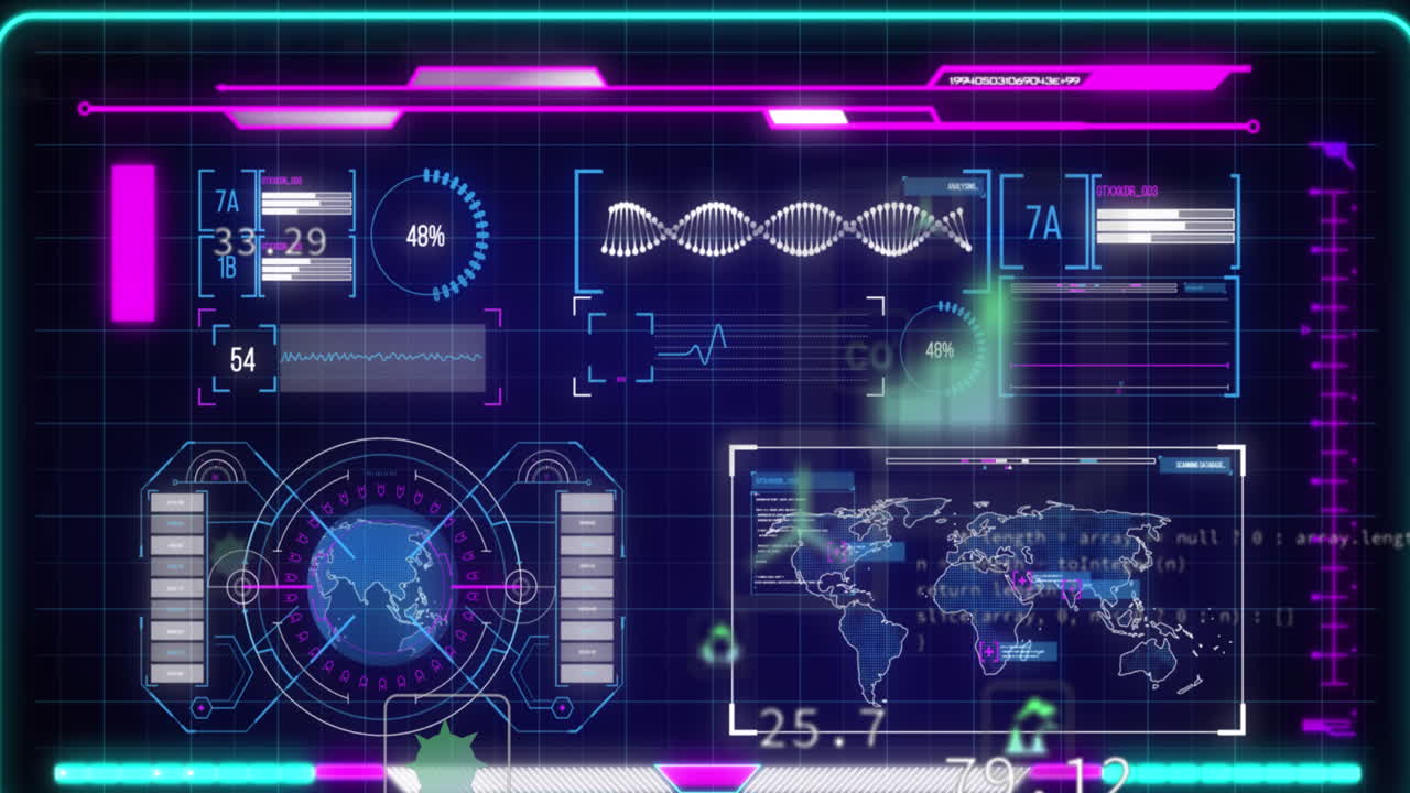 파란색 배경에 대한 데이터 처리와 인터페이스를 통해 디지털 아이콘의 애니메이션