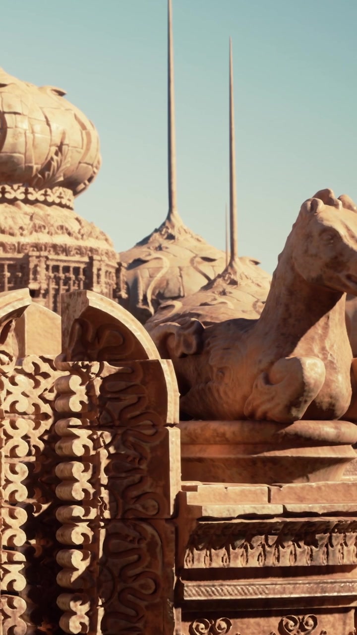 Sculture di animali ed edifici di giorno in una scena architettonica