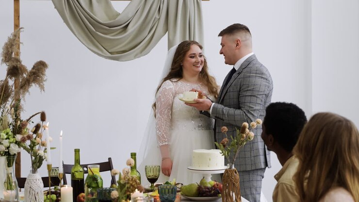 Wedding couple with the dessert on the banquet
