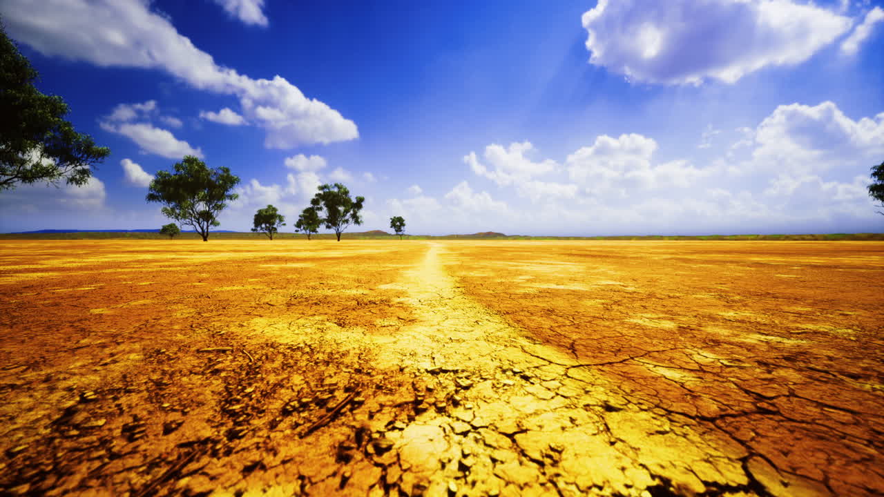 Dry landscape with cracked earth and scattered trees under a bright blue sky