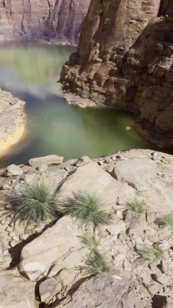 Formazioni rocciose naturali circondano un'ansa serena del fiume in un canyon