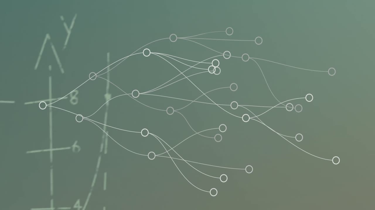animación de puntos de conexión y ecuaciones matemáticas contra un fondo gris.