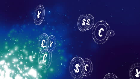 animation of currency symbols over light spots on blue background