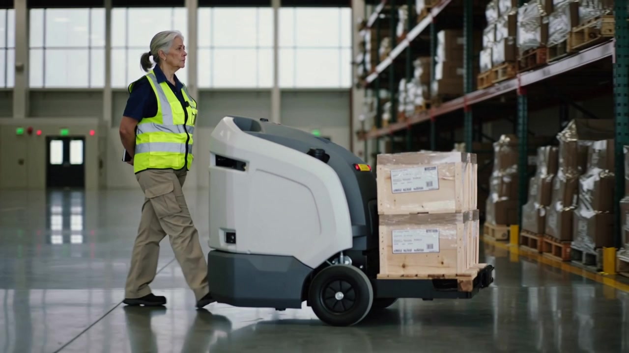 Lavoratore anziano in gilet che cammina, supervisionando un carrello robotico che si avvia lungo il corridoio con un pallet verso gli scaffali.