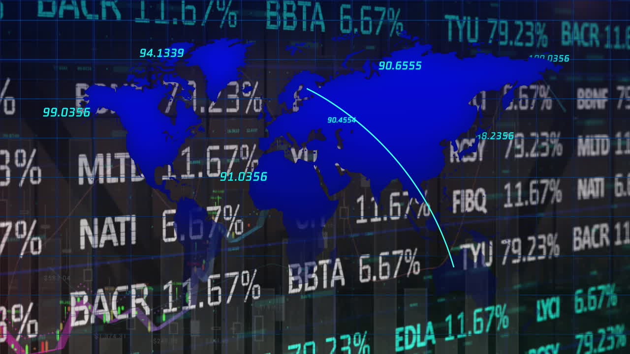 Animation of financial data over world map on black background