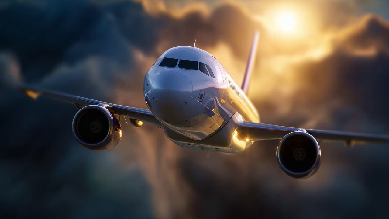 Un volo spettacolare di un aeromobile che solca le maestose nuvole sotto un tramonto dorato, catturando la potenza e la bellezza dell'aviazione in dettagli straordinari