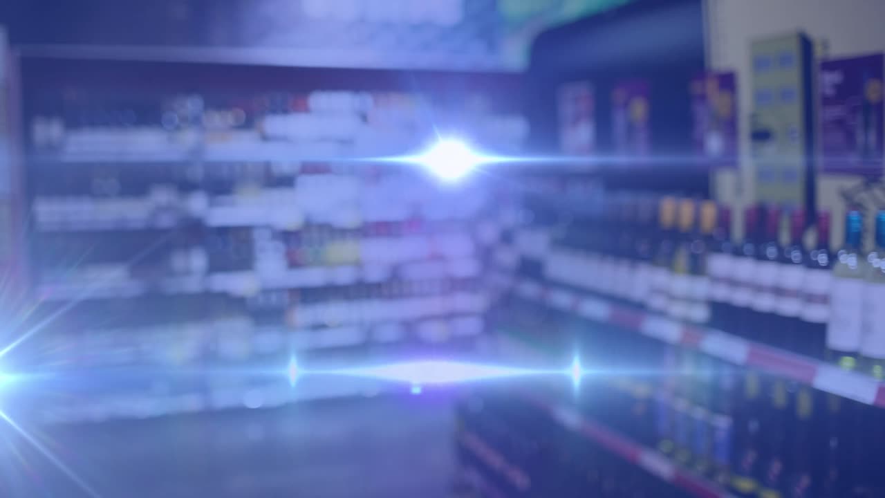 animación de luces sobre tienda de alcohol borrosa en azul