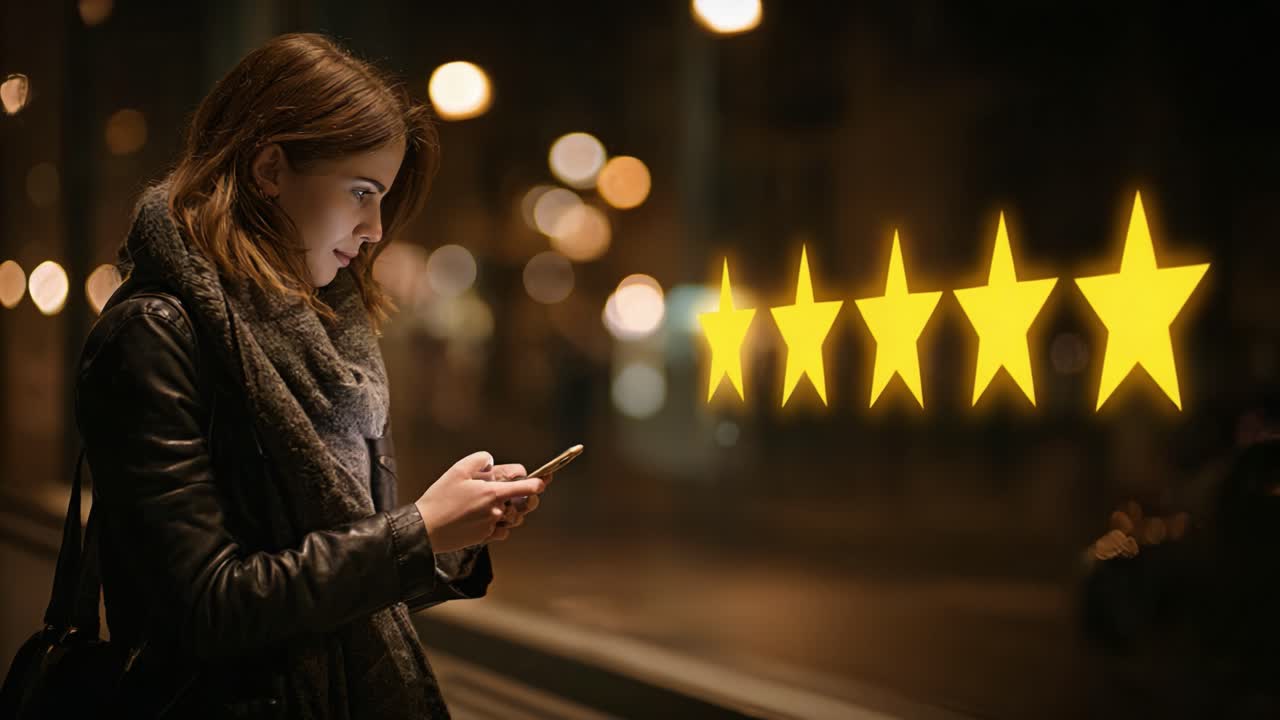 A young woman engaging with her smartphone while surrounded by glowing yellow stars in a bustling city atmosphere at night, capturing a moment of contemplation and connection