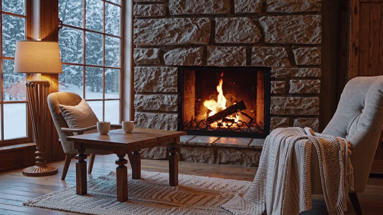 Cozy living room with a stone fireplace, armchairs, and a wooden table