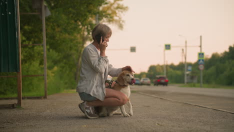 mujer agachada al aire libre con un perro marrón entre las piernas mientras habla por teléfono, correa en la mano, escena relajada cerca de una carretera rural con coches pasando, árboles verdes en el fondo