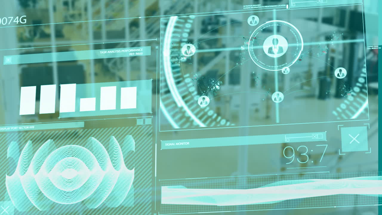 Animation showing data analytics and network connections on digital interface screen
