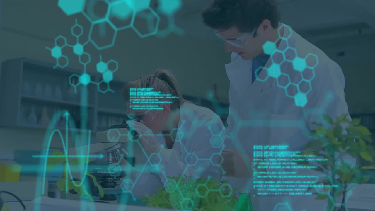 científicos con abrigos de laboratorio que realizan investigaciones sobre la animación de la estructura molecular