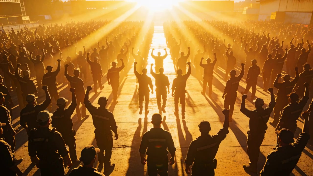 Marscherande uniformerad procession rör sig mot låg sol på asfalterad bana, solblänk uppmanar till höjda knytnävar