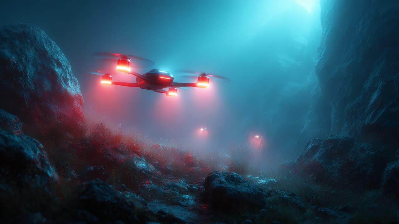 Exploring the depths of a mysterious cave with illuminated drones, casting an ethereal glow amidst fog and rocky terrain, showcasing the wonders of technology and nature combined