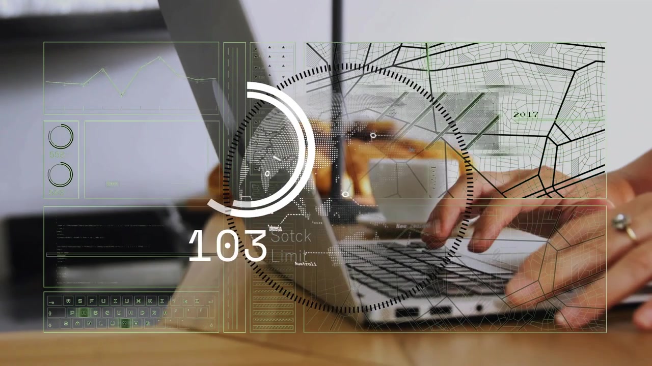 Hands starting typing, HUD appearing with counters rising then falling, visualizing global data